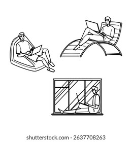 business remote work man vector. computer technology, young video, conference call business remote work man character. people black line pencil drawing illustration