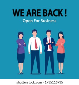 Business reopening vector concept: Entrepreneurs and business people ready to reopen the offices and shops after the covid-19 lockdown