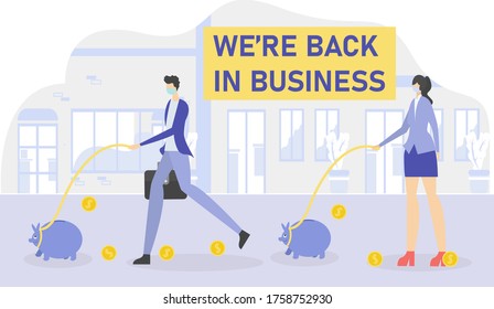 Business reopening vector concept: business people walk their piggy banks getting money along the way