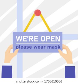 Business reopening vector concept: unknown hands hanging and holding "We Are Open" purple banner at the store entrance