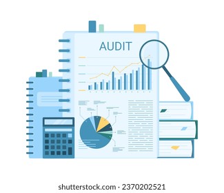 Analyse von Geschäftsberichten und Audit-Vektorgrafik. Cartoon isolierte viele Papierdokumente in Ordnern, Diagramminformationen für die Datenuntersuchung mit Lupe, Recherche und Analyse von Buchhaltern