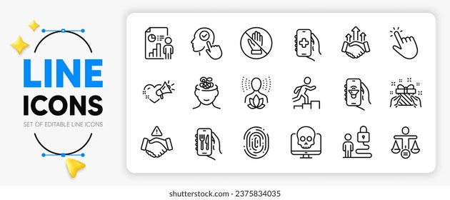 Business report, Anxiety and Ethics line icons set for app include Deal, Cursor, Gift outline thin icon. Select user, Corrupt, Music app pictogram icon. Restaurant app, Yoga balance. Vector