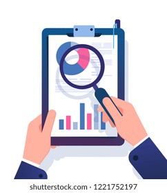 Business report concept. Businessman researching financial office document with magnifying glass. Data analysis vector illustration