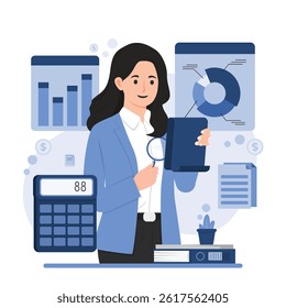 business report concept with financial audit, presentation charts, data analysis, and review