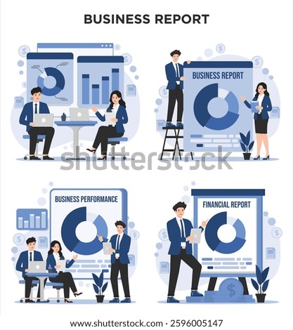 Business report concept illustrating business performance and financial analysis Shows data charts, graphs, and documents