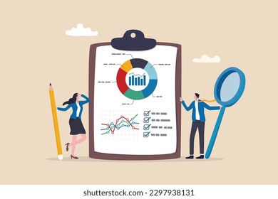 Informe comercial, diagrama y gráfico de datos, estadísticas o análisis, resumen o rendimiento de análisis de datos, concepto de investigación de mercado, personas de negocios con portapapeles de lupa con gráfico de informes.