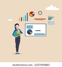 Informe comercial, diagrama y gráfico de datos, estadísticas o análisis, resumen o rendimiento de análisis de datos, concepto de investigación de mercado, empresaria con gráfico de informes y gráfico circular