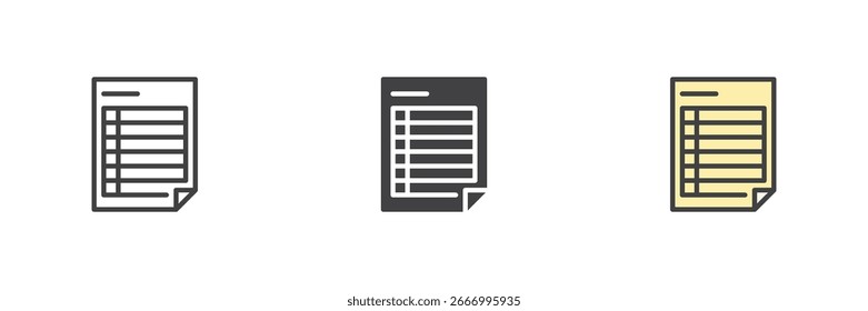 Conjunto de iconos de estilo diferente de documento de informe comercial. Esquema de línea, glifo sólido y versión colorista de contorno relleno. Signo de Vector, símbolo para el inicio y el nuevo uso del negocio.