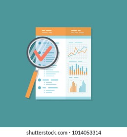 Business report, document with magnifying glass. Audit result.  Isolated icon. Charts graphs on a paper.  Vector illustration