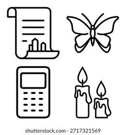 Relatório de Negócios Documento Rolar, Elegante borboleta Silhueta, Calculadora Digital, e derretimento cera velas contorno ícones conjunto