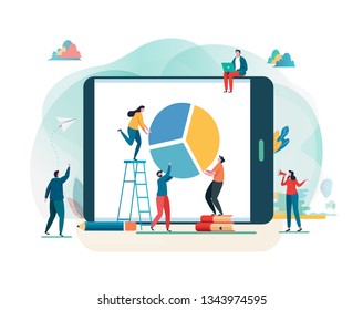 Business report. Financial management, Teamwork, Statistics, Pie chart. Create idea to success. Vector illustration. Flat cartoon character graphic design. Landing page template,banner,flyer,web page