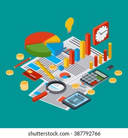 Business report, financial statistic, management, analytics flat 3d isometric vector concept. Modern web infographic illustration.