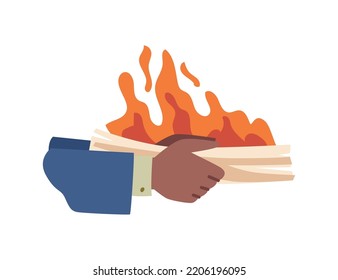 Business report in fire, urgent burning work. Isolated pile of papers in hands, burning pages with flames. Deadlines and problems with completion. Vector in flat style