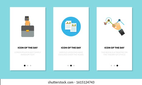 Business report flat vector icon set. Hand holding briefcase, paper documents isolated outline sign pack. Business concept. Vector illustration symbol elements for web design and apps.