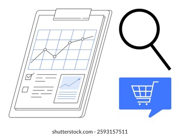 Business report with graph and analysis chart on clipboard, magnifying glass, and shopping cart icon. Ideal for business presentations, marketing strategies, data analysis, financial planning, online