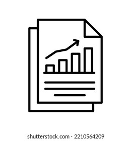 Icono de informe de negocio con documentos de papel y gráfico de barras con estilo de esquema negro