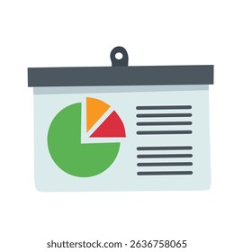 Business report icon with pie chart and text lines representing data analysis, presentation, and statistics. Flat style for financial or business use