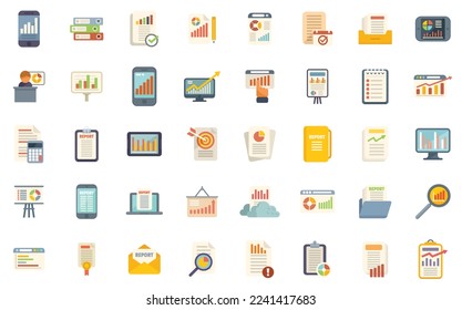 Business report icons set flat vector. File document. Invoice contract isolated