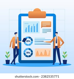 Business report illustration vector. Two businessman standing in front of  marketing analytics.