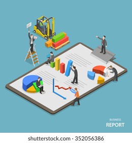 Business report isometric flat vector low poly concept. Team of businessmen are constructing business report. 