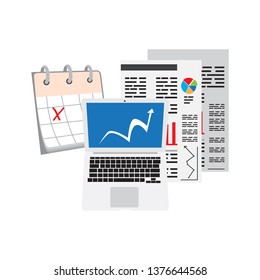 Business report with a laptop and a calendar. Vector illustration design