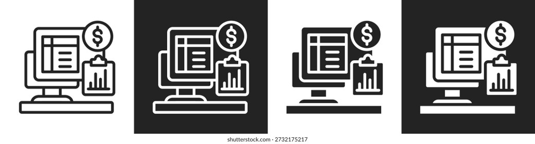 Línea de informe de negocios e icono sólido en fondo blanco y negro