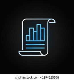 Business report linear vector bright icon. Document with bar chart outline sign on dark background