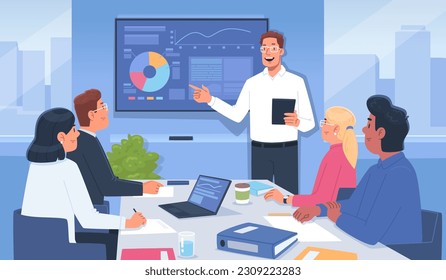 Business report at a meeting of company employees. Presentation of the project, the speaker presents infographics to colleagues. Conference. Vector illustration in flat style
