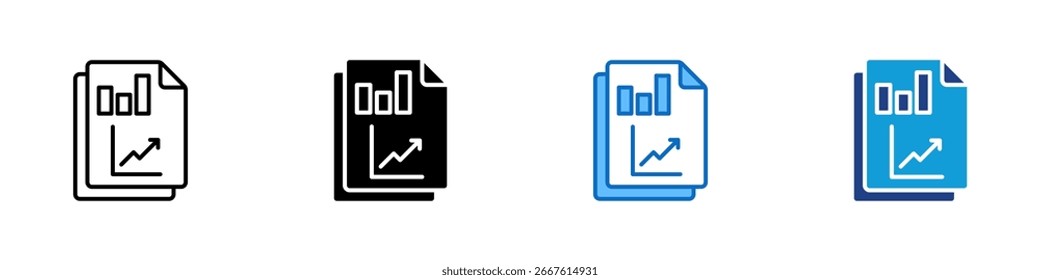 Business Report Multiple Style Icon Sheet Vektordesign - Dokumente mit Balken- und Liniendiagrammen, die Geschäftsberichte, Leistungskennzahlen oder Analysen darstellen