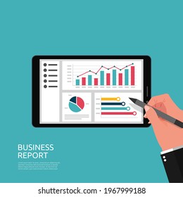 Business report on tablet screen display with hand symbol. Chart document data report concept for business statistics vector illustration