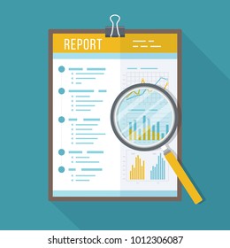 Business report, paper document with magnifying glass.  Isolated icon with long shadow. Charts graphs on a paper. Accounting, analysis, research, planning, audit, report, management. Vector
