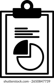 Business Report with Pie Chart Icon. minimalist icon depicting a business report on a clipboard with a pie chart and text