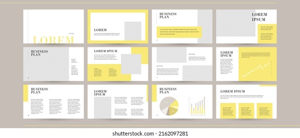 business report slide presentation. simple minimal aesthetic yellow background template for booklet, brochure, magazine design. text layout with space for image