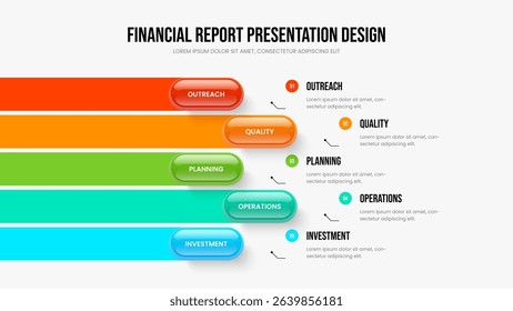 Business Report Slideshow Design Vector Illustration. Market Analysis 5 Element Infographic Frame Layout. Modern Plan Five Option Diagram Slide Template.