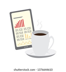 Business report in a tablet with a coffee cup. Vector illustration design