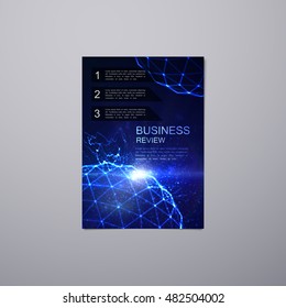 Business report template design. Vector illustration of book or brochure cover with digital shiny sphere, lens flare light effect. Annual report template. Corporate identity template. Branding design
