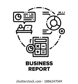 Concepto de icono del vector de informes empresariales. Análisis Del Informe De Comercialización Y Las Finanzas Contables. Cálculo De Beneficios Y Pagos, Gestión De Dinero Y Análisis De Diagrama Financiero Ilustración Negra