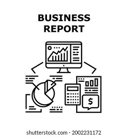 Business Report Vector Icon Konzept. Geschäftsbericht und Rechnungsprüfung, Berechnung von Geld mit dem Rechner für digitale Geräte. Analyse der Handelsmarktdiagramme auf der schwarzen Computergrafik
