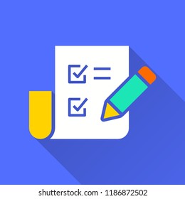 Business report vector icon with long shadow. Illustration isolated on blue background for graphic and web design.