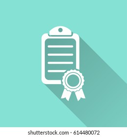 Business report vector icon with long shadow. White illustration isolated on green background for graphic and web design.