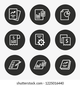 Business report vector icon. Set of document, information, finance, analysis and more. Round button.