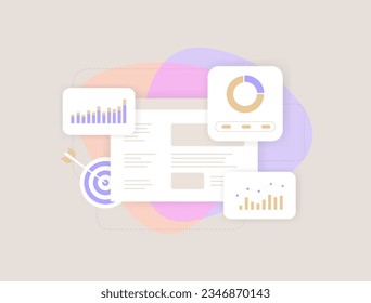 Panel de informes de negocio con concepto de gráfico y gráfico. Análisis de datos empresariales, presentación de la investigación, ilustración vectorial del tablero de instrumentos de contabilidad del rendimiento empresarial