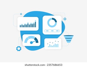 Business Reporting Dashboard - Data Analytics, Charts and Graphs. Financial Statistical Business Data Reports and KPI in Digital Marketing. Vector illustration isolated on blue background with icons