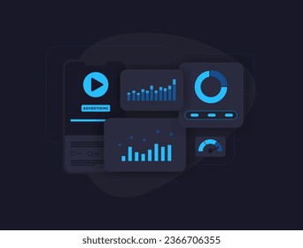 Business Reporting Dashboard. Datenanalysen, Diagramme und KPIs im digitalen Marketing. Vektorgrafik einzeln auf schwarzem Hintergrund mit Symbolen