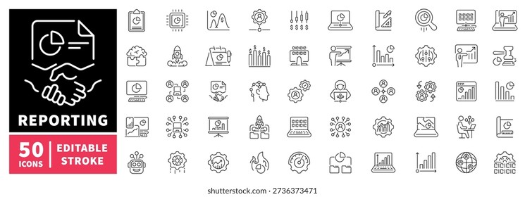 Business reporting editable line icons set. analysis and data symbols