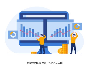 Business reporting on graphic and chart, success businessman, flat illustration vector