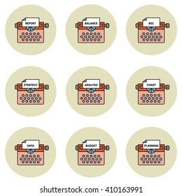 Business reporting and typewriting machine vector icon set 