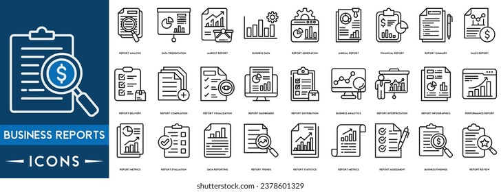 Business Reports icons related to analysis, infographic, analytics. Editable stroke. Vector illustration.