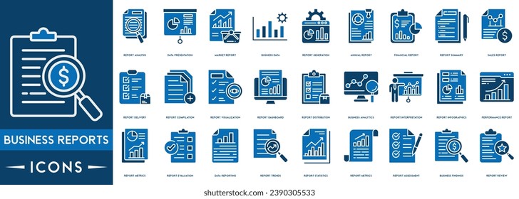 Business Reports icons related to analysis, infographic, analytics. Editable stroke. Vector illustration.