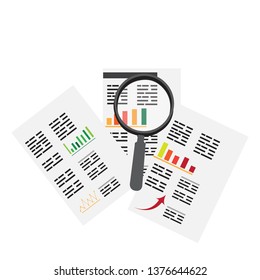 Business reports with a magnifying glass Vector illustration design